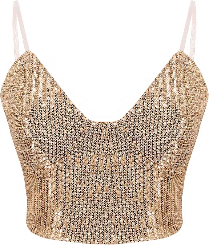 vimoisa 女式反光金属背心胸衣细肩带露脐上衣紧身无袖抹胸背心上衣